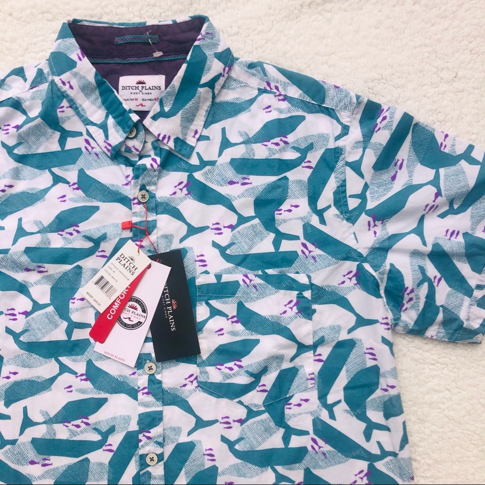 Ditch Plains shirt whale & fish print button down short sleeve men’s medium NWT